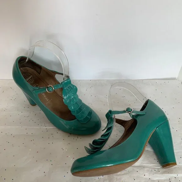 Jeffrey Campbell Y2K Frill Teal Blue Green Ruffle T strap Retro Inspired Pump 7 - Picture 9 of 10